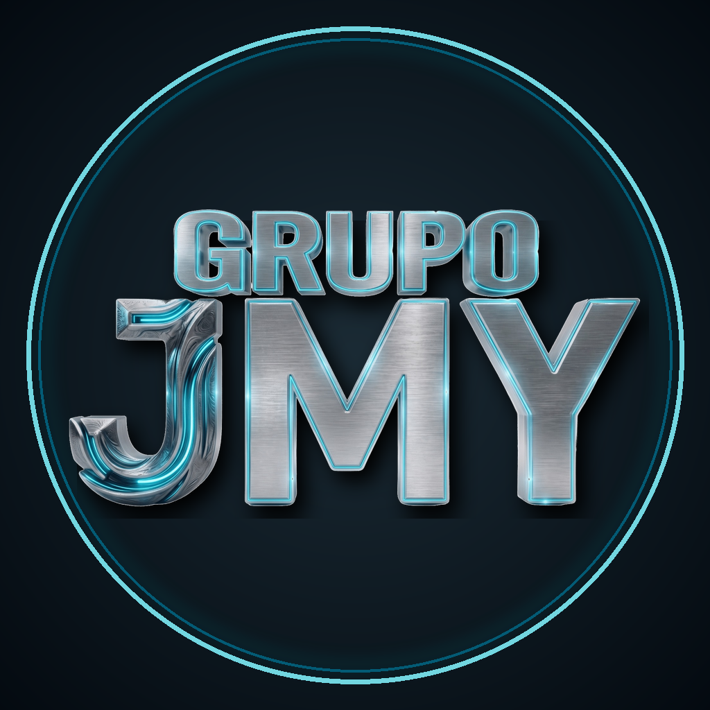 Logo Grupo JMY, metálica com detalhes em ciano